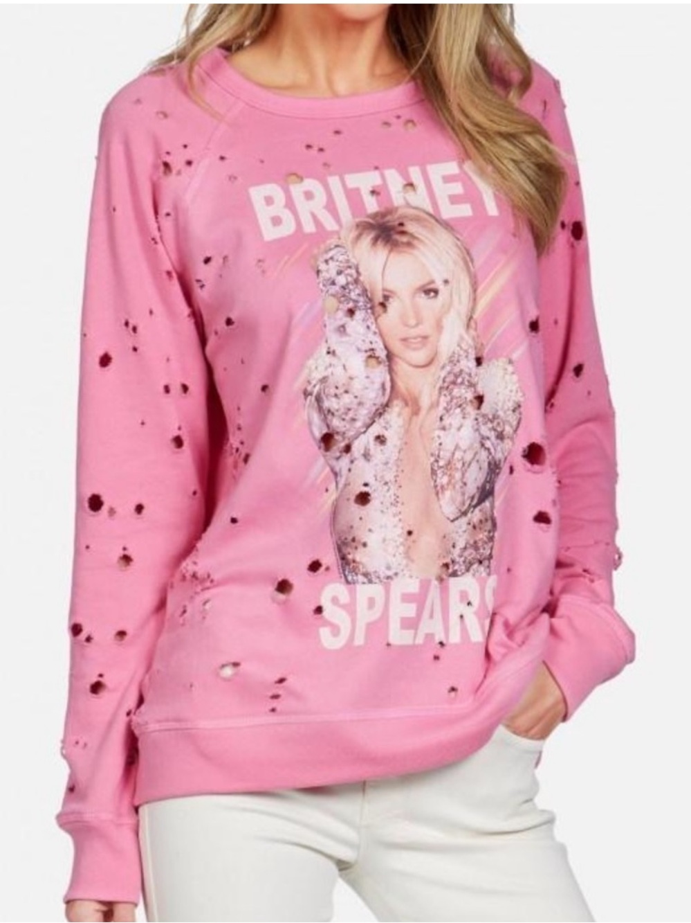 Lauren Moshi Britney Spears Pink Graphic Distressed Long Sleeve Pullover Darby